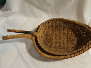 Vtg Nesting Leaf Shaped Rattan Wicker Offering Basket W Handle,  13.  5 " & 15 " Boho