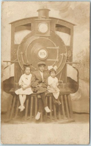 Vintage Rppc Real Photo Postcard 3 Kids On Studio Train Locomotive C1910s