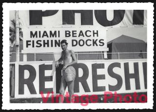 Vintage 1952 Photo Shirtless Young Man At Miami Beach Fishing Docks Gay Interest