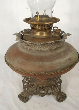 Antique 19th Century Victorian Brass Oil Lamp On Fancy Footed Base