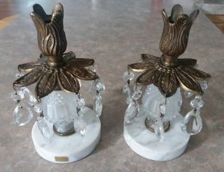 Vtg Pair White Marble Base & Brass Candle Holders Glass Tulip Stem Glass Prisms