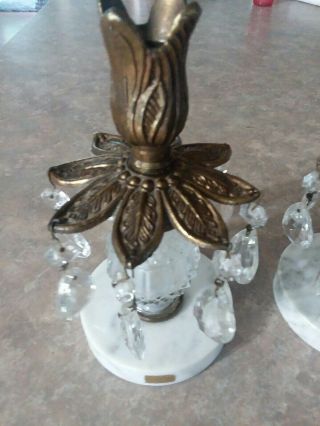 Vtg Pair White Marble Base & Brass Candle Holders Glass Tulip Stem Glass Prisms 2