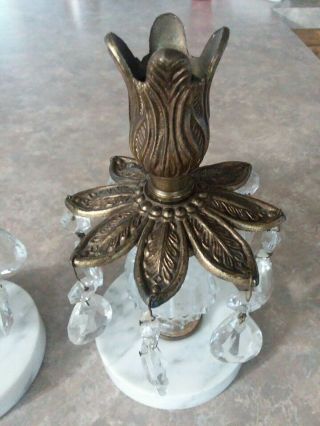 Vtg Pair White Marble Base & Brass Candle Holders Glass Tulip Stem Glass Prisms 3