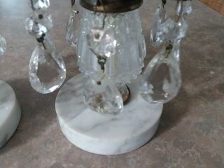 Vtg Pair White Marble Base & Brass Candle Holders Glass Tulip Stem Glass Prisms 4