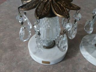 Vtg Pair White Marble Base & Brass Candle Holders Glass Tulip Stem Glass Prisms 5
