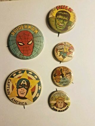 1969 Marvelmania Button Set Of 6 By Jack Kirby Art - Sub Mariner,  Spiderman,
