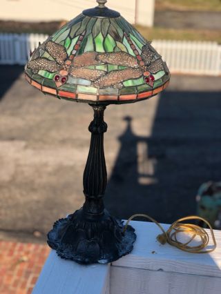 vintage tiffany style desk lamp cast iron dragon fly stained glass 4
