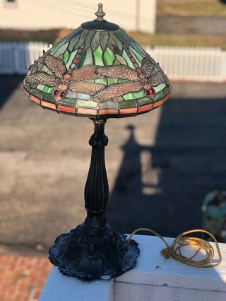 vintage tiffany style desk lamp cast iron dragon fly stained glass 6