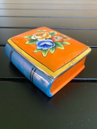 Vintage Floral Ceramic Orange Blue Book Trinket Box Hand Painted Japan