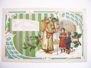 A Marry Christmas Santa with Brown Coat Blue Hat talking Kids Art Deco Postcard 2