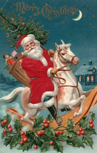 Silk Santa Claus Rocking Horse Tree Usa Flag Patriotic Christmas Postcard - K134