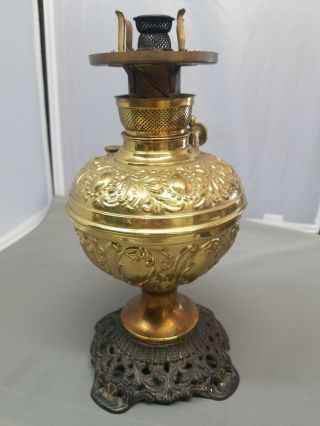 Antique Rare Brass Miller Kerosene Oil Lamp Embossed Made In Usa Cast Iron Base