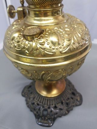 Antique Rare Brass MILLER Kerosene Oil Lamp embossed made in USA Cast Iron Base 6