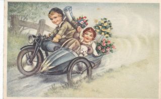 Dog & Kids In Motorcycle Site Car Old Postcard 1941
