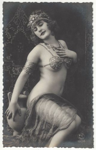 1920 French Photograph - Naked,  Youthful Harem Girl Adorned In Jewels
