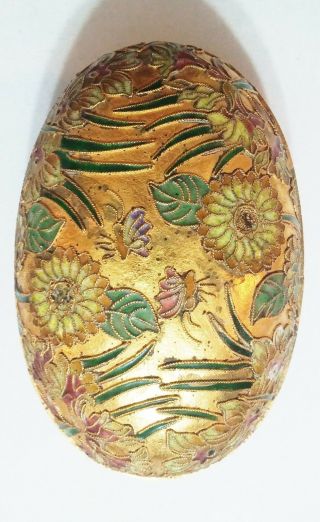 Vintage Chinese Cloisonne Enamled Oval Egg Shaped Box With Flowers