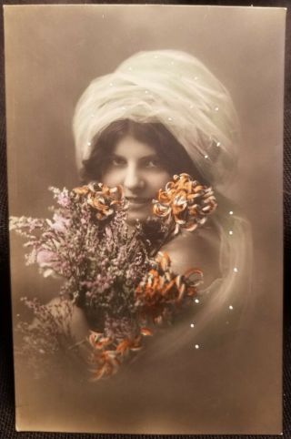 Hand Coloured & Spotted Postcard Photo Young Woman Model