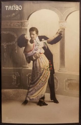 Hand Coloured & Spotted Postcard Photo Young Woman With Man Dancing Tango