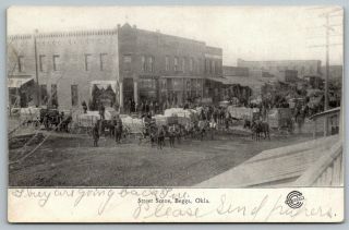 Beggs Oklahoma Crowded Main Street Heavily Loaded Wagons Bank Drug Store 1909