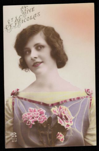 Deco Photo Postcard 1920s St Nicolas Lady Dress Smile