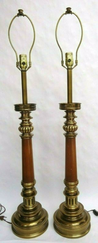 Pair Stiffel Parzinger Style Lacquered Brass & Teak Column Table Lamps 38 " Tall