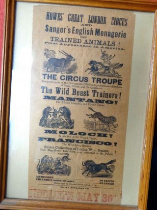 1871c Broadside Poster Howes´ Great London Circus Sanger Menagerie Cirque Circo
