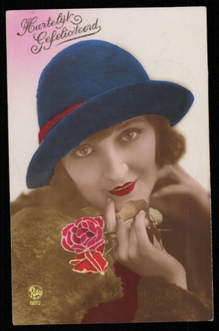 Deco Photo Postcard 1920s Lady Hat Pink Lips Beauty Flapper Flower Girl