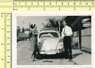 Vw Volkswagen Beetle Car Between Woman And Man,  Couple Old Photo