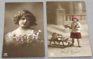2 German Amag Albrecht Meister Berlin Colored Postcards Young Girls Portraits