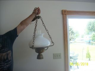 Hobnail Milk Glass & Brass Metal Early American Hanging Ceiling Chandelier