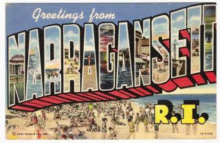Greetings From Narragansett Rhode Island Postcard Large Letter Greeting C1940s