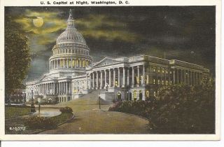 Us Capitol At Night,  Washington Dc.  Vintage Postcard.