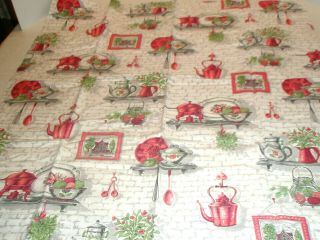 Vintage Kitchen Curtains 2 Panels 30 X 33 Red Gray Utensils Coffee Pot Flowers