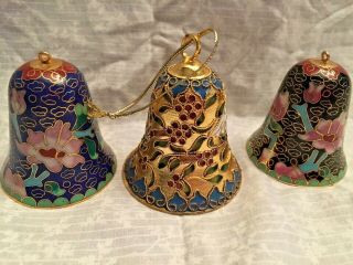 3 Cloisonne Bells/ornaments.  Two Are Identical China.  Other Has White Doves.  2