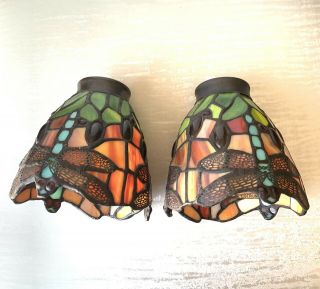 Set Of 2 Tiffany Style Dragonfly Multi - Color Stained Glass Lamp Shade 4.  5” Tall