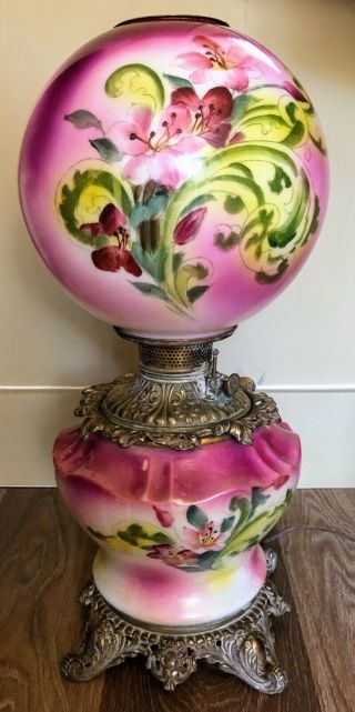 Antique Victorian Gone With The Wind Oil Lamp Conversion F C Co Color