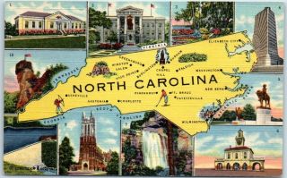 North Carolina State Map Multi - View Postcard W/ 10 Views Curteich Linen C1940s