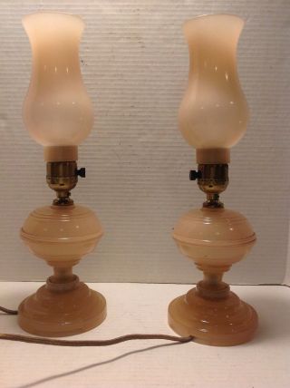 Vintage / Antique Houzex Glass Boudoir Vanity Lamps Art Deco Pink Lights Pair