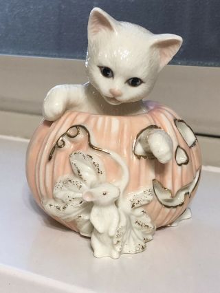 Lenox Porcelain Cat In A Jack - O - Lantern Looking At A Mouse - 2000