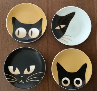 Jewel Of Japan Black Cat/kitty Eyes Porcelain Small/mini Plate Coaster Set/4