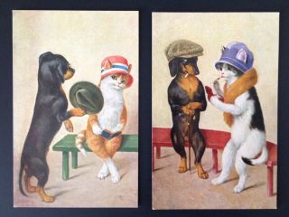 Vintage Fantasy Animal Postcards (2) Cat And Dog Couples With Hats,  Book,  Lipstick