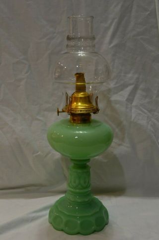 Ornate Jadeite Oil Lamp " Mosser Glass " Jadite,  Jade - Ite
