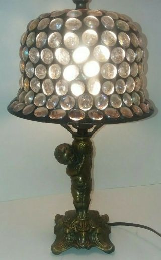 Antique L & L Wmc Nude Cherub Bronze Lamp Art Nouveau With Glass Leaded Shade