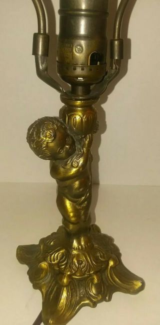 Antique L & L WMC Nude Cherub Bronze Lamp Art Nouveau with Glass Leaded Shade 2