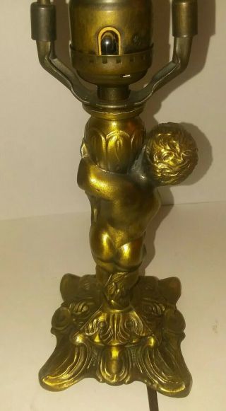 Antique L & L WMC Nude Cherub Bronze Lamp Art Nouveau with Glass Leaded Shade 8