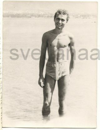 1960s Beach Handsome Young Man Smiling Athlete Swimming Trunks Gay Vintage Photo