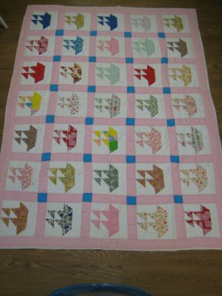 Vintage Handmade Hand Stitched Quilt 81” X 60” Sailboats Pattern,  Pastels,  Full?