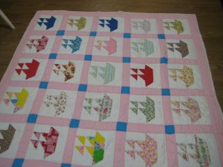 Vintage Handmade Hand Stitched Quilt 81” X 60” Sailboats Pattern,  Pastels,  Full? 3