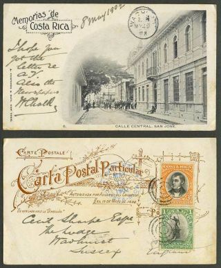 Costa Rica 1c 2c Stamps 1902 Old Ub Postcard Calle Central Street Scene San Jose