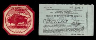 1934 Yellowstone National Park,  Entrance Permit Sticker & Drivers License